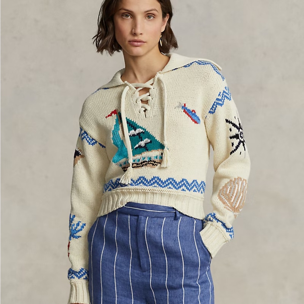 Ralph Lauren Cream and Blue Crew Neck Sweater with Festive Patterns - Picture 3 of 4